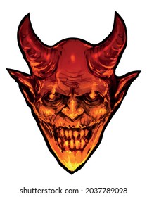 head portrait of a creepy scary demon with a smile with horns vector illustration horror