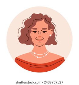 Head portrait of curly middle aged brown haired woman wearing red clothing with open shoulders. Avatar of European, Asian, white woman for social networks. Vector flat illustration.