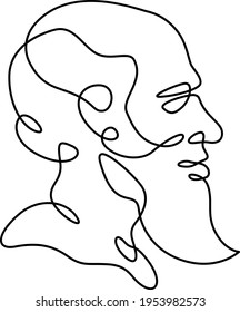 Head portrait of an elderly bearded man. Profile of a bald old man. One continuous drawing line  logo single hand drawn art doodle isolated minimal illustration.