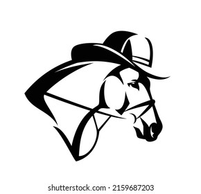 head portrait of horse wearing cowboy hat - american wild west style ranch animal black and white vector outline