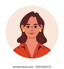 Head portrait of middle aged brown haired woman wearing red shirt. Avatar of white woman for social networks. Vector flat illustration.