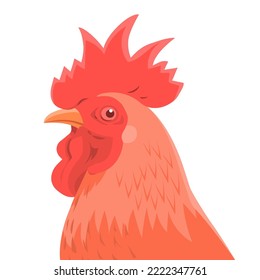 Head portrait of a rooster. Domestic male bird. Logo, emblem of label, design. Chicken meat, food, farming. Cartoon vector illustration isolated on a white background