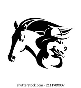 head portrait of shepherd dog wearing cowboy hat and mustang horse - american wild west ranch style animal character black and white vector outline