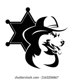 head portrait of shepherd dog wearing cowboy hat and sheriff star badge - american wild west style animal character black and white vector outline