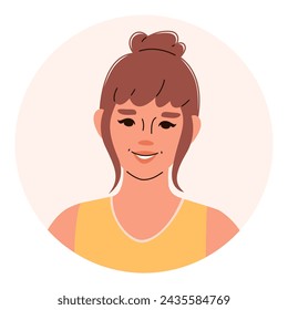 Head portrait of smiling european woman. Vector flat round user profile icon isolated on white background.
