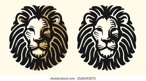 Head portrait of strong lion with mane, emblem. Power, confidence symbol logo. Wild animal vector illustration