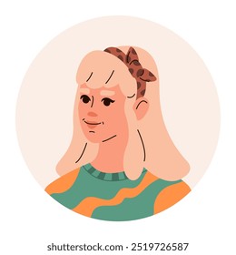 Retrato de cabeza de mujer rubia joven en suéter y accesorio de pelo. Avatar de chica para redes sociales. Ilustración plana de Vector.