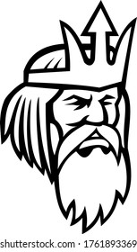 Head of Poseidon or Neptune Looking to Side Mascot Black and White