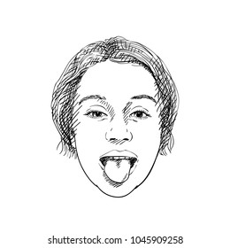 Head of positive happy teenage girl going crazy showing her tongue, Vector black sketch on white background