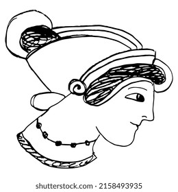 Head Of A Pretty Ancient Greek Woman In A Hat. Vase Painting Style. Hand Drawn Linear Doodle Rough Sketch. Black Silhouette On White Background.