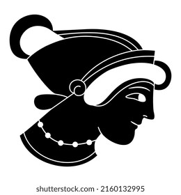 Head of a pretty ancient Greek woman in a hat. Vase painting style. Black and white silhouette.