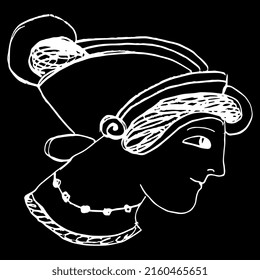 Head Of A Pretty Ancient Greek Woman In A Hat. Vase Painting Style. Hand Drawn Linear Doodle Rough Sketch. White Silhouette On Black Background.