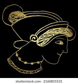 Head Of A Pretty Ancient Greek Woman In A Hat. Vase Painting Style. Hand Drawn Linear Doodle Rough Sketch. Golden Silhouette On Black Background.