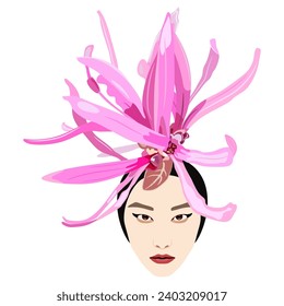 Head of a pretty Asian girl with a blooming flower of Loropetalum Chinense plant as her hair ornament. Chinese fringe flower or strap flower. Isolated vector illustration.