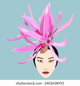 Head of a pretty Asian girl with a blooming flower of Loropetalum Chinense plant as her hair ornament. Chinese fringe flower or strap flower.