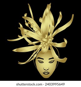 Head of a pretty Asian girl with a blooming flower of Loropetalum Chinense plant as her hair ornament. Chinese fringe flower or strap flower. Golden glossy silhouette on black background.