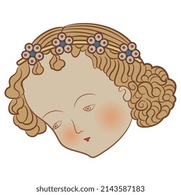 Head of a pretty child. Putti face. Vintage style. Isolated vector illustration. On white background.