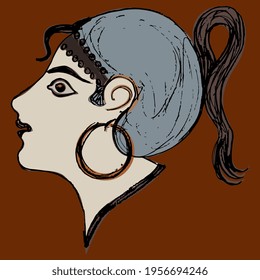 Head of a pretty Cretan Minoan girl or young woman. Hand drawn colorful rough sketch.