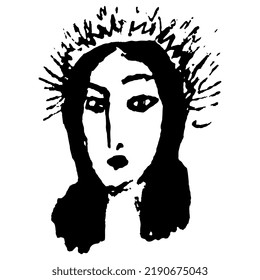 Head of a pretty girl with shining halo. Female saint or goddess. Hand drawn linear doodle rough sketch. Black silhouette on white background.