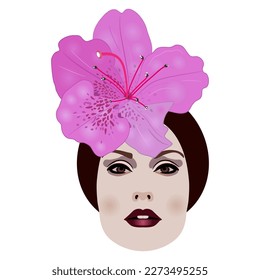 Head of a pretty girl with single flower of azalea or rhododendron in her hair. Floral beauty design. Isolated vector illustration.