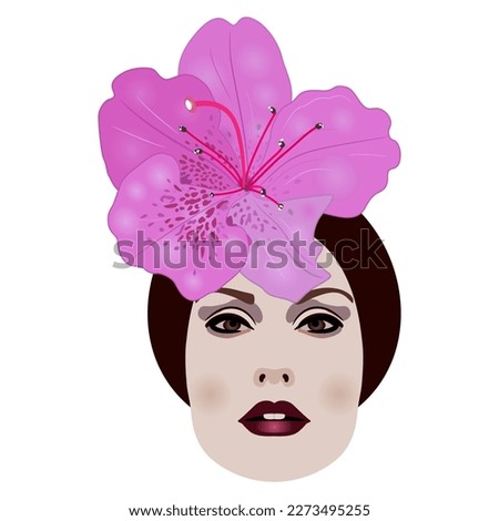 Head of a pretty girl with single flower of azalea or rhododendron in her hair. Floral beauty design. Isolated vector illustration. ストックフォト © 