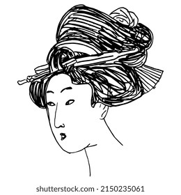 Head of a pretty Japanese woman with elaborate hairdo. Traditional ethnic style. Hand drawn linear doodle rough sketch. Black silhouette on white background.