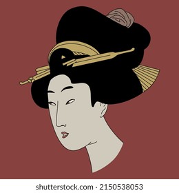 Head of a pretty Japanese woman with elaborate hairdo. Traditional ethnic style. On red background. Isolated vector illustration.