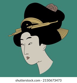 Head of a pretty Japanese woman with elaborate hairdo. Traditional ethnic style. On green background. Isolated vector illustration.