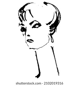 Head of a pretty lady with long neck. Female portrait. Beautiful vintage woman. Hand drawn rough sketch. Black silhouette on white background.