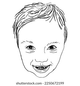Head of a pretty little child. Happy smiling baby face. Cartoon style. Naughty kid. Hand drawn linear doodle rough sketch. Black silhouette on white background.