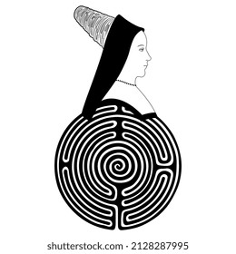 Head of a pretty Renaissance girl on top of a round spiral maze or labyrinth symbol. Ariadne. Creative concept. Black and white silhouette.