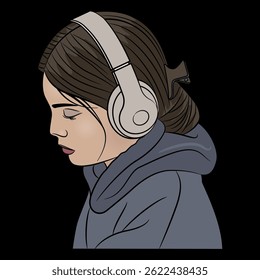 Head of a pretty sad young girl listening music in headphones. Vector illustration. Cartoon style. On black background.