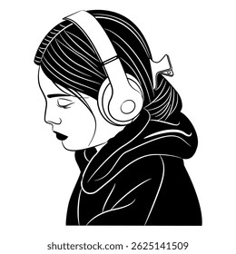 Tête d'une jeune fille assez triste écoutant de la musique dans un casque. Silhouette en noir et blanc. Illustration vectorielle isolée.
