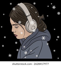 Head of a pretty sad young girl listening music in headphones under snowflakes. Seasonal design. On black background.