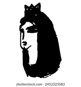 Head of a pretty woman wearing royal crown. Face of a beautiful queen. Female portrait. Brunette lady. Princess girl. Hand drawn rough doodle sketch. Black and white silhouette.