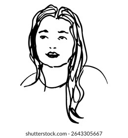 Cabeça de uma mulher caucasiana muito jovem, com cabelo comprido e solto. Retrato feminino. Desenhado à mão linear rabiscar esboço bruto. Silhueta em preto e branco.
