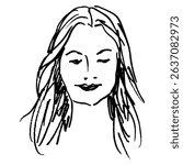 Head of a pretty young lady with long loose hair. Female portrait. Smiling blond woman. Hand drawn linear doodle rough sketch. Black and white silhouette.