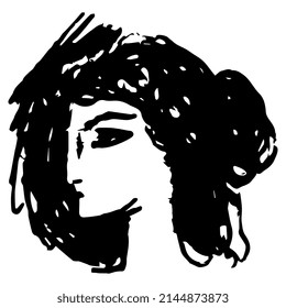 Head of a pretty young woman. Female portrait in profile. Hand drawn linear doodle rough sketch. Black silhouette on white background.