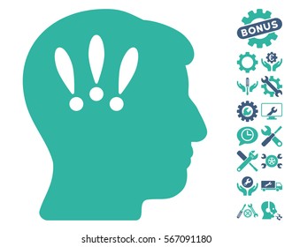 Head Problems icon with bonus settings pictograph collection. Vector illustration style is flat iconic cobalt and cyan symbols on white background.