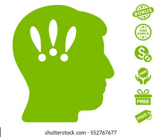 Head Problems icon with free bonus icon set. Vector illustration style is flat iconic symbols, eco green color, white background.