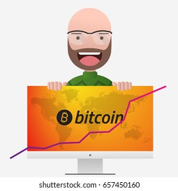 Head of the professor. Bitcoin graph and world map on pc screen.  Editable eps10 Vector. Transparent background.