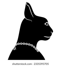 Head in profile of ancient Egyptian cat goddess Bastet. Black and white negative silhouette.