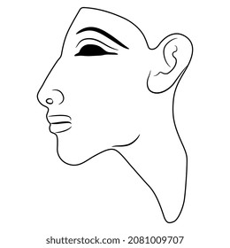 Head in profile of ancient Egyptian pharaoh Akhenaten. Amarna relief. Black and white linear silhouette.