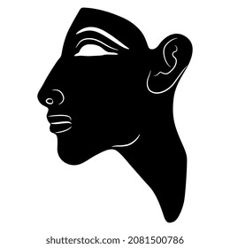 Head in profile of ancient Egyptian pharaoh Akhenaten. Amarna relief. Black and white negative silhouette.