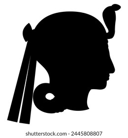 Head in profile of ancient Egyptian queen or goddess wearing snake Uraeus. Ethnic design. Black silhouette on white background.