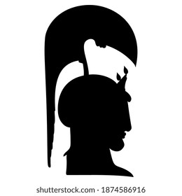 Head in profile of ancient Greek goddess Athena Pallas in helmet. Black silhouette on white background.