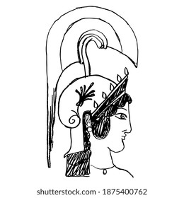 Head in profile of ancient Greek goddess Athena Pallas in helmet. Hand drawn linear doodle ink sketch. Black silhouette on white background.