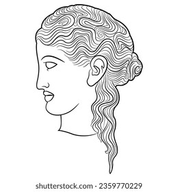 Head in profile of ancient Greek young woman with beautiful hairdo. Antique female portrait. Black and white linear silhouette.