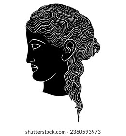 Head in profile of ancient Greek young woman with beautiful hairdo. Antique female portrait. Black and white negative silhouette.