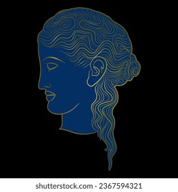 Head in profile of ancient Greek young woman with beautiful hairdo. Helen of Troy. Antique female portrait. Monochrome blue and gold silhouette on black background.